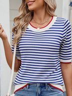 Striped Casual T-Shirt with Contrast Trim - Tops by Trendsi | Available at Handbags Specialist Headquarter