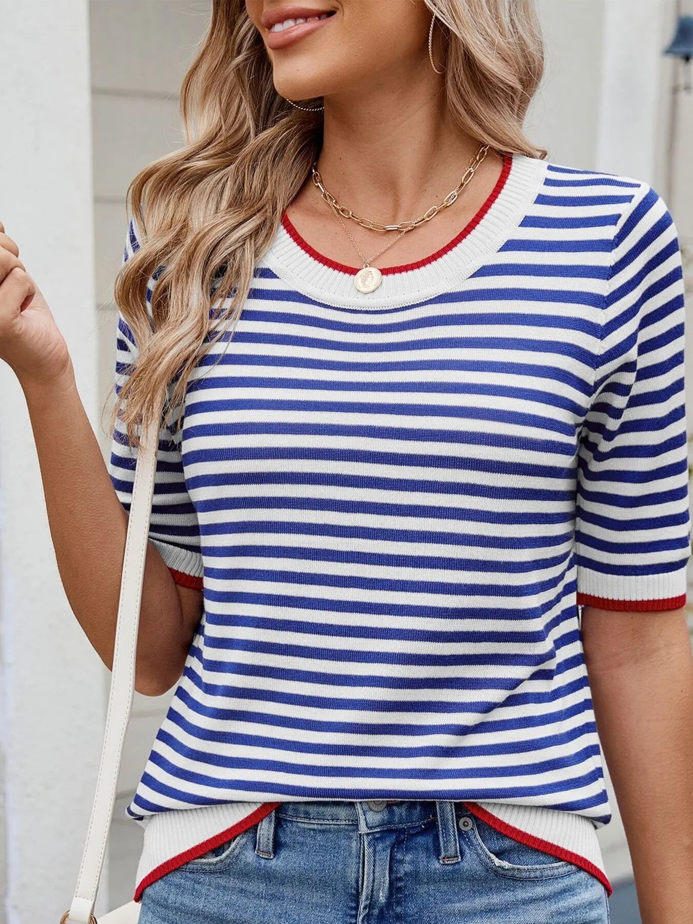 Striped Casual T-Shirt with Contrast Trim - Tops by Trendsi | Available at Handbags Specialist Headquarter