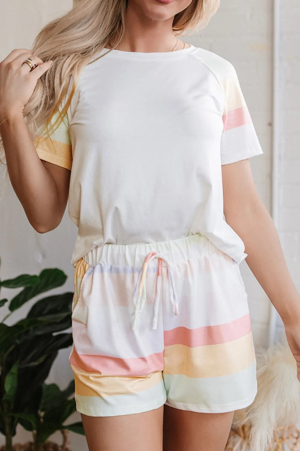 Rainbow Striped Round Neck T Shirt and Shorts Lounge Set - Sleepwear by Trendsi | Available at Handbags Specialist Headquarter