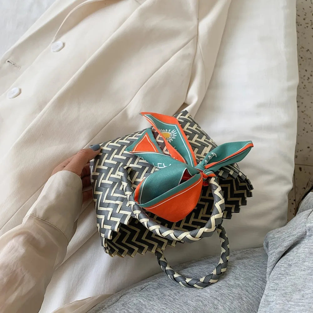 Contrast Woven Handbag with Ribbon - Tote Bag by Trendsi | Available at Handbags Specialist Headquarter