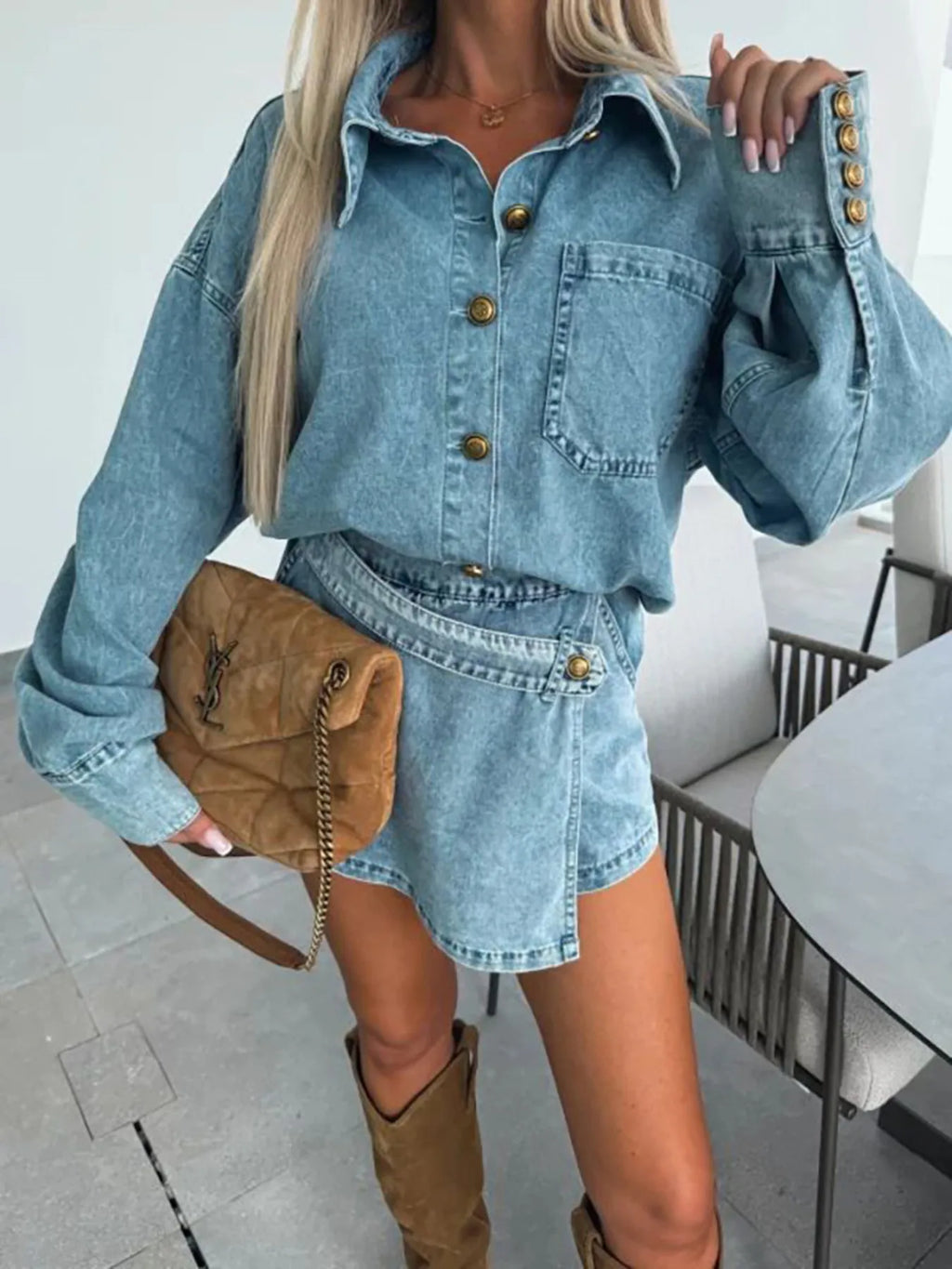Button-Front Shirt and Mini Skirt Oversized Denim Set - Women / Jeans & Denim by Trendsi | Available at Handbags Specialist Headquarter