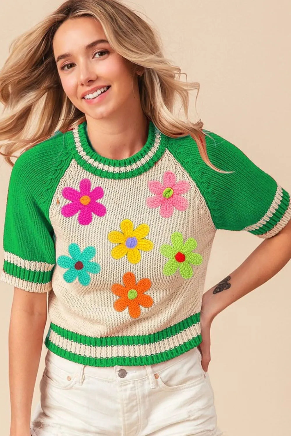 BiBi Crochet Flower Patches Striped Rib Band Sweater - Tops by Trendsi | Available at Handbags Specialist Headquarter