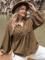 Plus Size Tie Neck Long Sleeve Blouse - Plus Size Shirts by Trendsi | Available at Handbags Specialist Headquarter