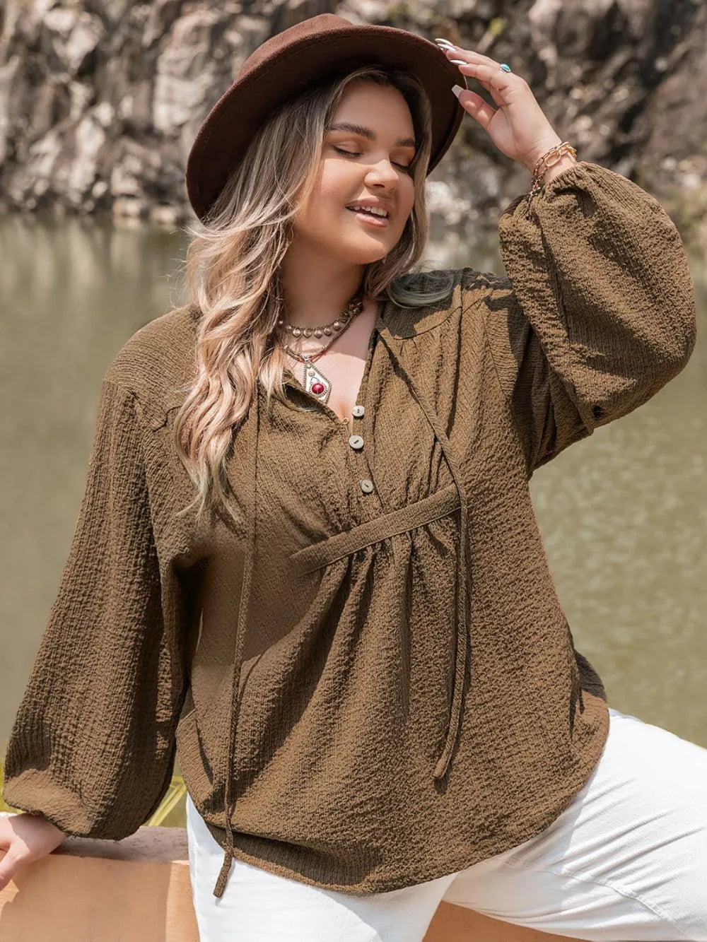 Plus Size Tie Neck Long Sleeve Blouse - Plus Size Shirts by Trendsi | Available at Handbags Specialist Headquarter