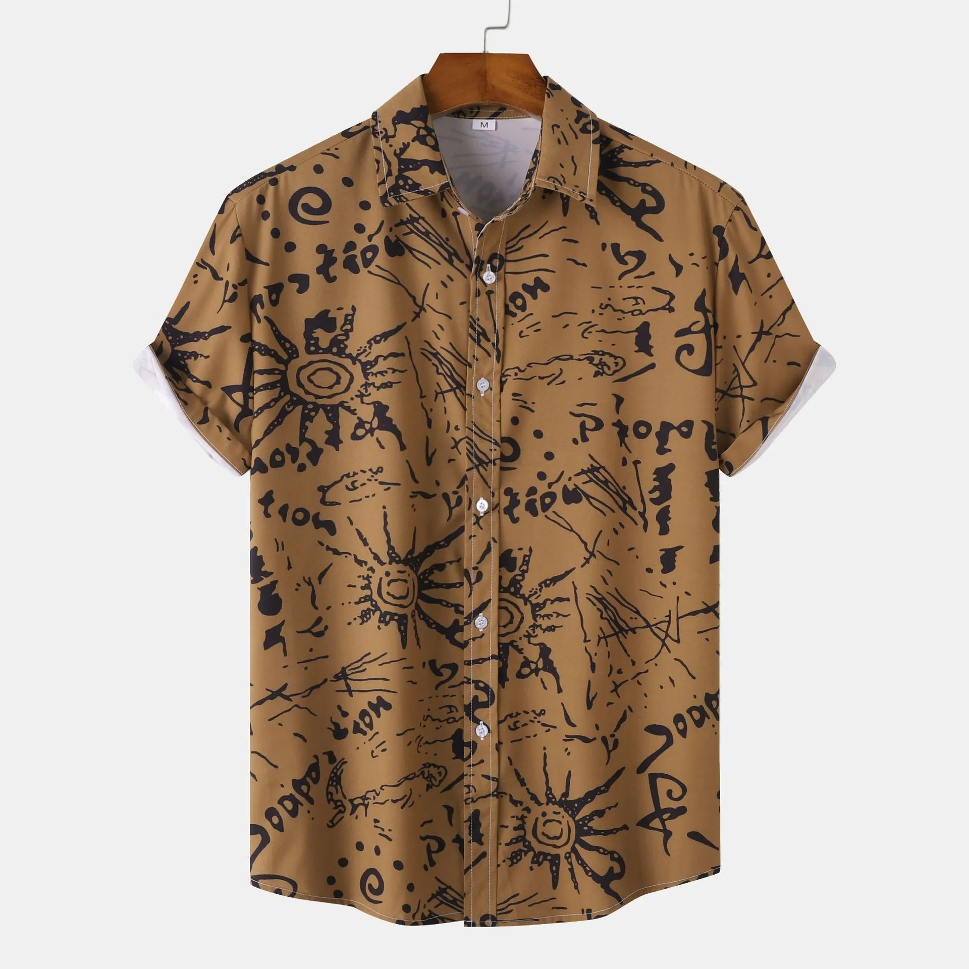 Men's Plus Size Vintage Sun Print Short Sleeve Button-Up Shirt - mens-shirts by Trendsi | Available at Handbags Specialist Headquarter