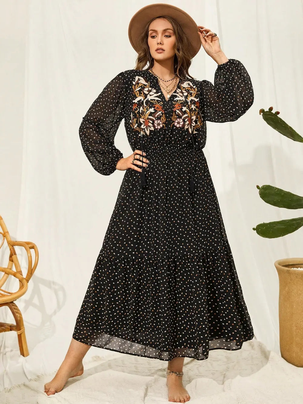 Plus Size Embroidered Tassel Balloon Sleeve Dress - Dresses by Trendsi | Available at Handbags Specialist Headquarter