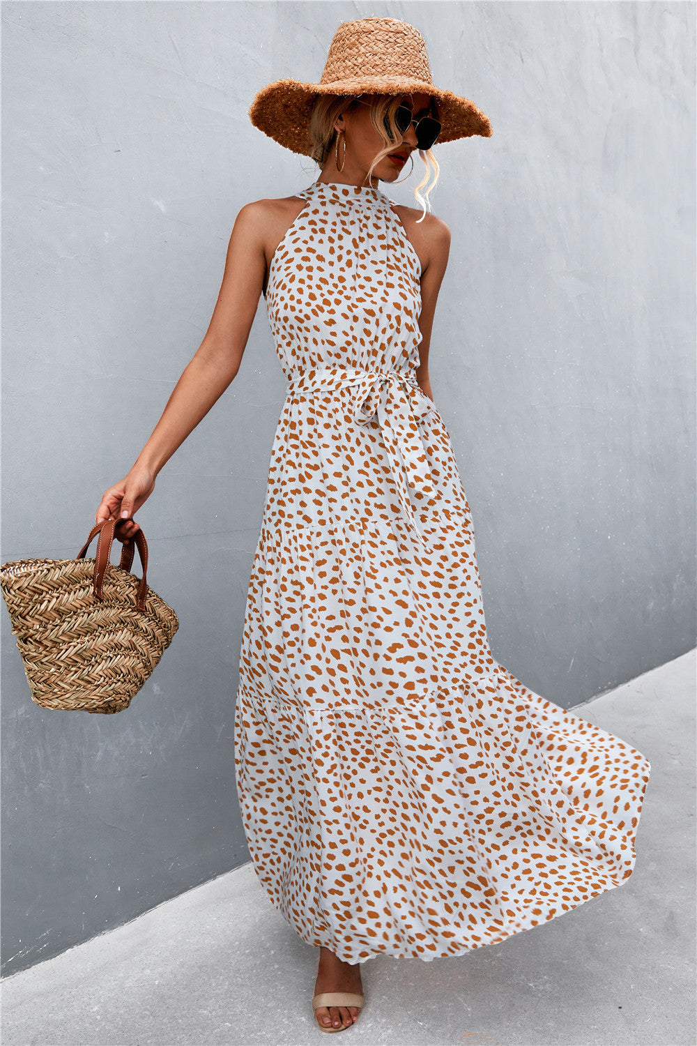 Printed Sleeveless Tie Waist Maxi Dress - Maxi Dress by Trendsi | Available at Handbags Specialist Headquarter