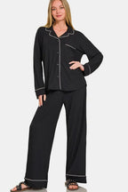 Zenana Button Down Long Sleeve Top and Pants Lounge Set - Sleepwear by Trendsi | Available at Handbags Specialist Headquarter