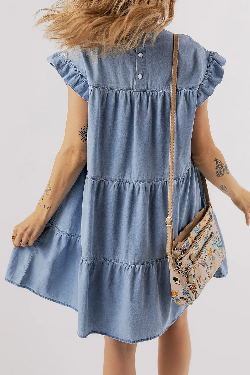 Ruffle Cap Sleeve Tiered A-line Denim Dress - Women / Jeans & Denim by Trendsi | Available at Handbags Specialist Headquarter