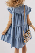 Ruffle Cap Sleeve Tiered A-line Denim Dress - Women / Jeans & Denim by Trendsi | Available at Handbags Specialist Headquarter