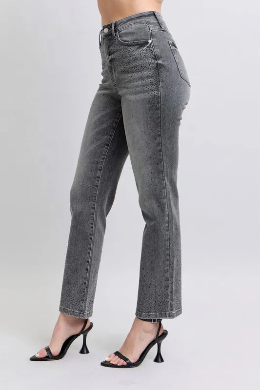 Judy Blue Full Size High Waist Rhinestone Straight Jeans Plus Size - Women / Jeans & Denim by Trendsi | Available at Handbags Specialist Headquarter