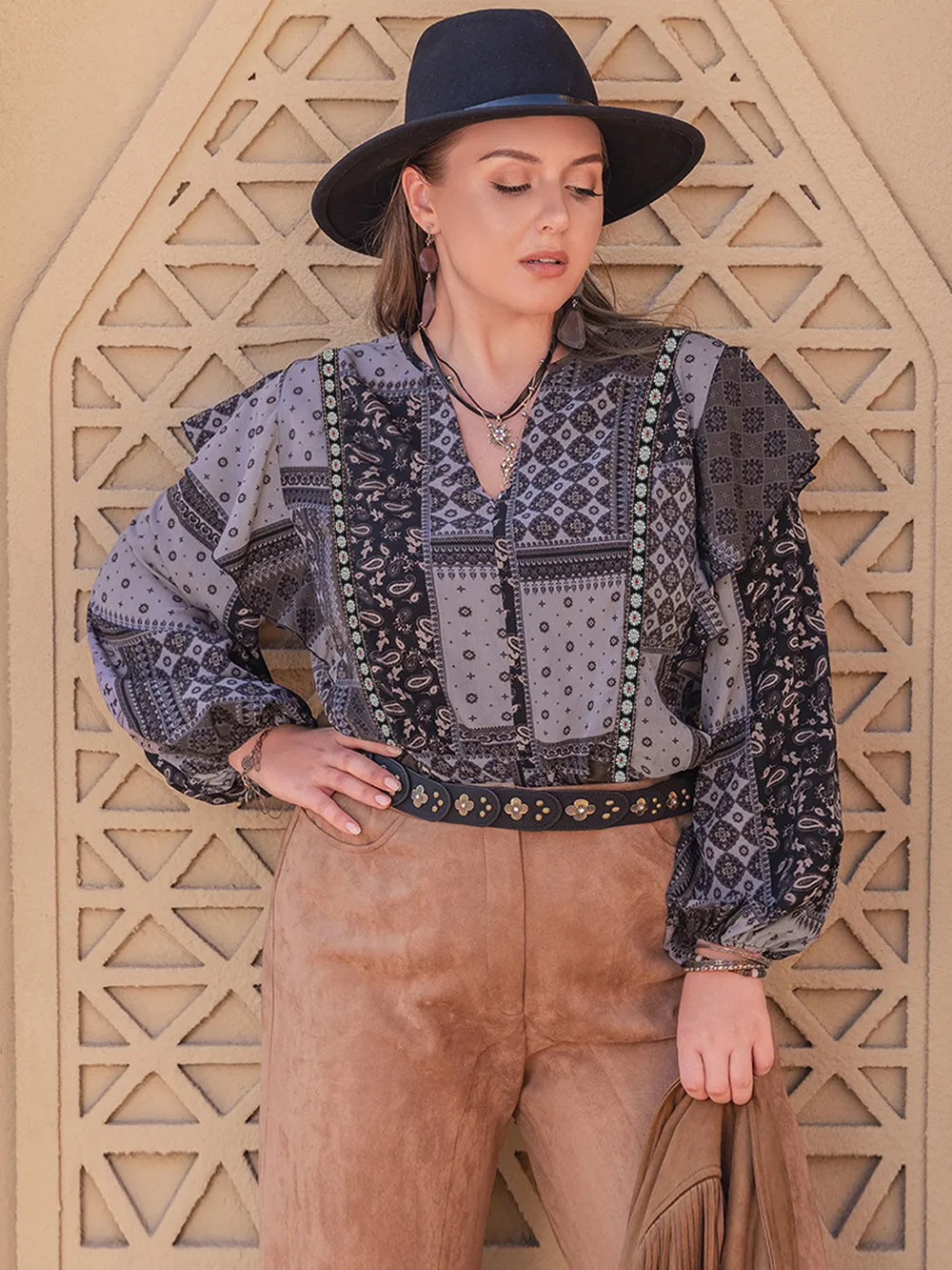 Plus Size Ruffled Printed Notched Long Sleeve Blouse - Plus Size Shirts by Trendsi | Available at Handbags Specialist Headquarter