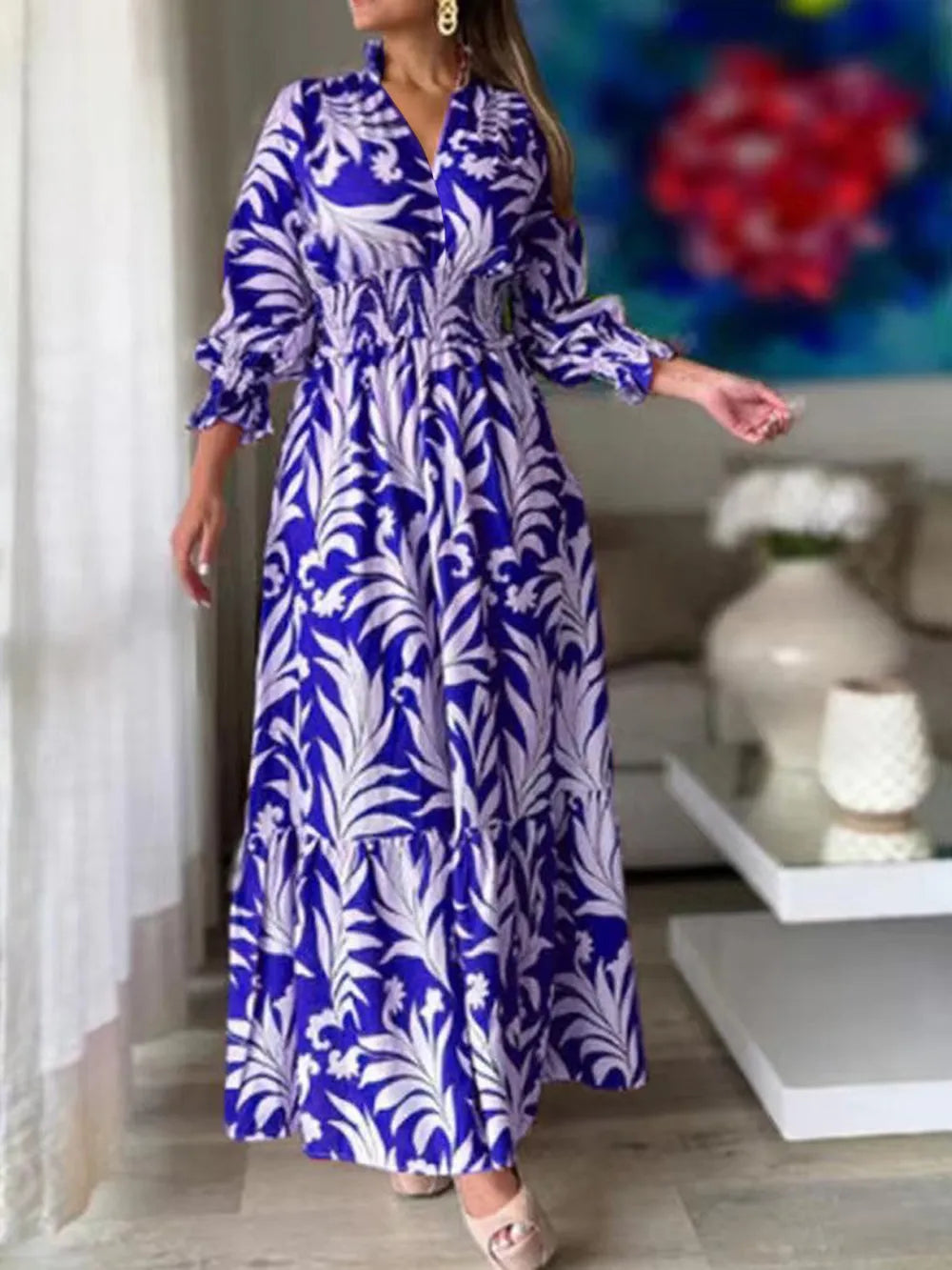Printed Flounce Sleeve Maxi Dress - Maxi Dress by Trendsi | Available at Handbags Specialist Headquarter