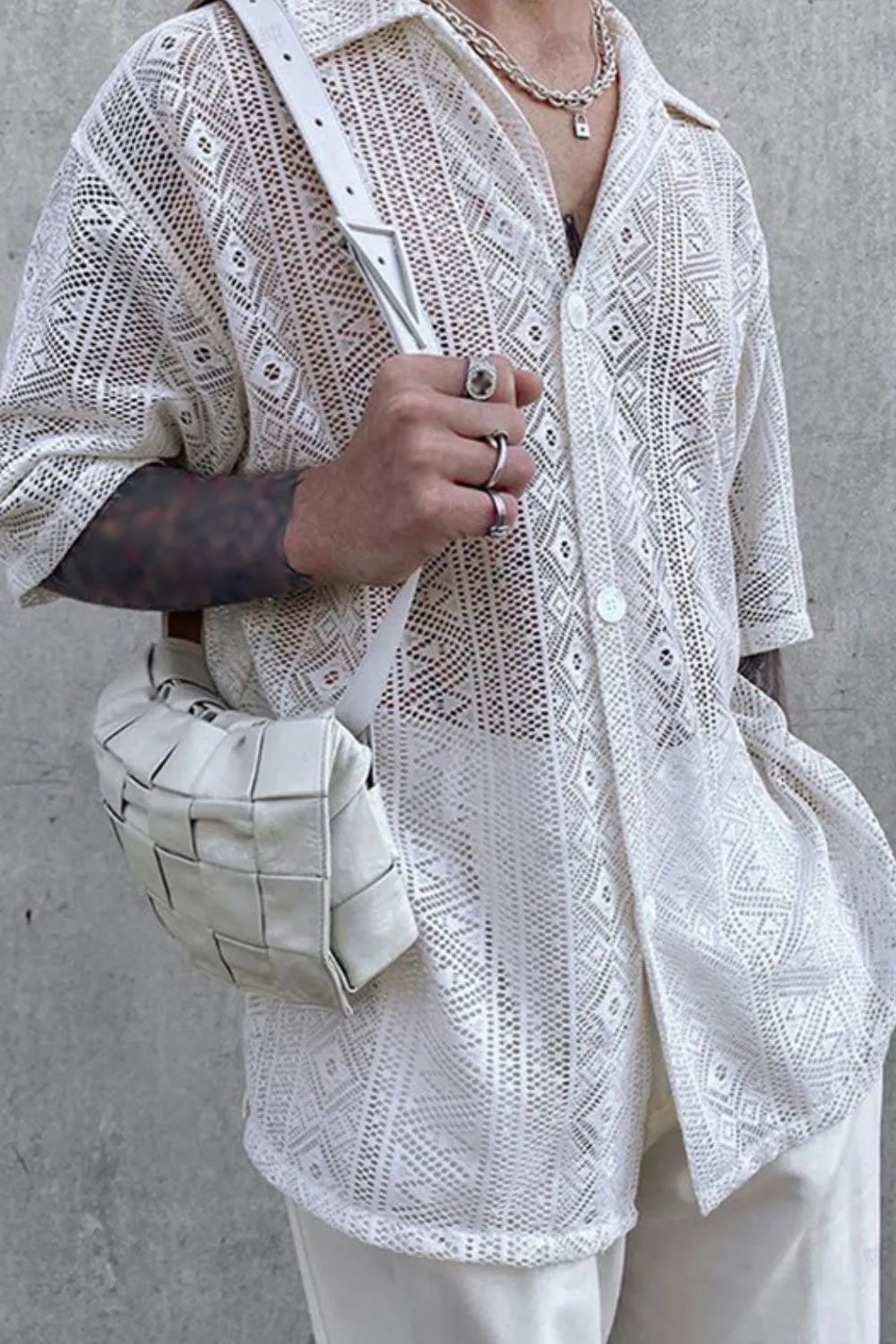 Men's Full Size Lace Half Sleeve Button Down Shirt Plus Size - Men's T Shirt by Trendsi | Available at Handbags Specialist Headquarter