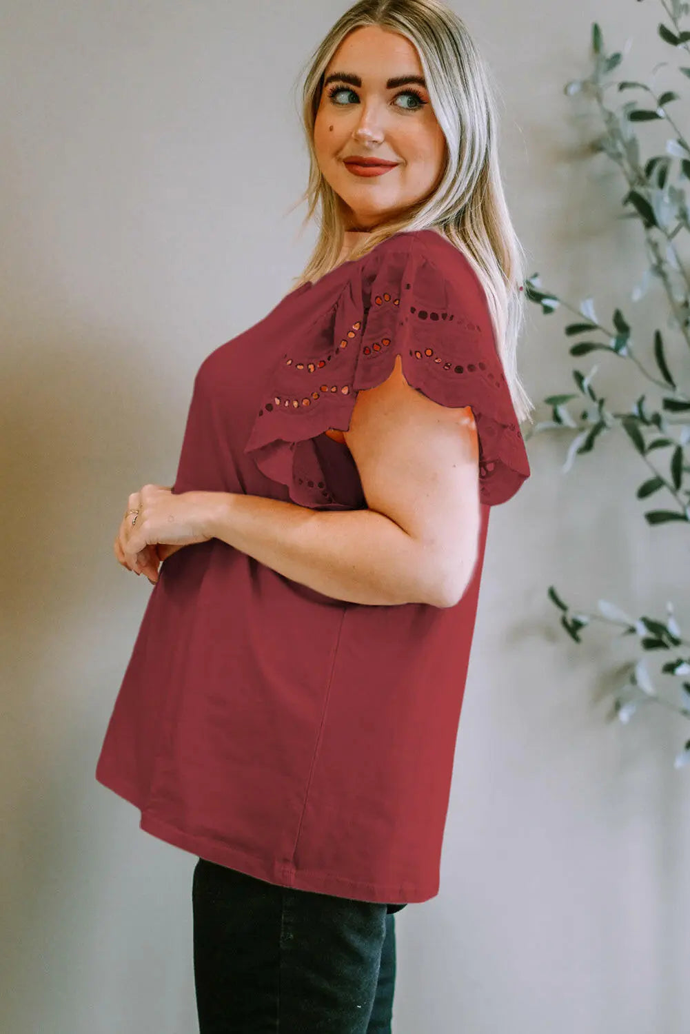 Plus Size Eyelet Round Neck Short Sleeve Blouse - Women Plus Size by Trendsi | Available at Handbags Specialist Headquarter