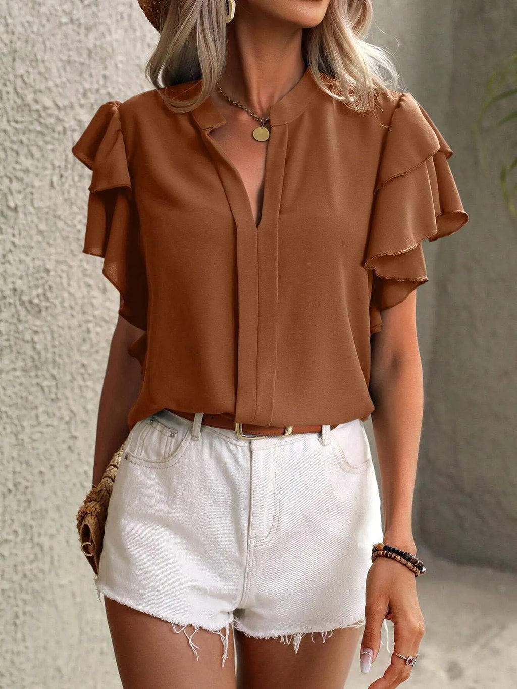 Ruffle Sleeve Notched Blouse - Tops by Trendsi | Available at Handbags Specialist Headquarter