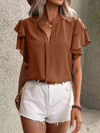 Ruffle Sleeve Notched Blouse - Tops by Trendsi | Available at Handbags Specialist Headquarter