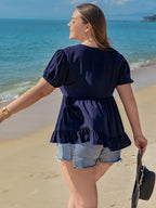 Plus Size Peplum V-Neck Short Sleeve Blouse - Plus Size Shirts by Trendsi | Available at Handbags Specialist Headquarter
