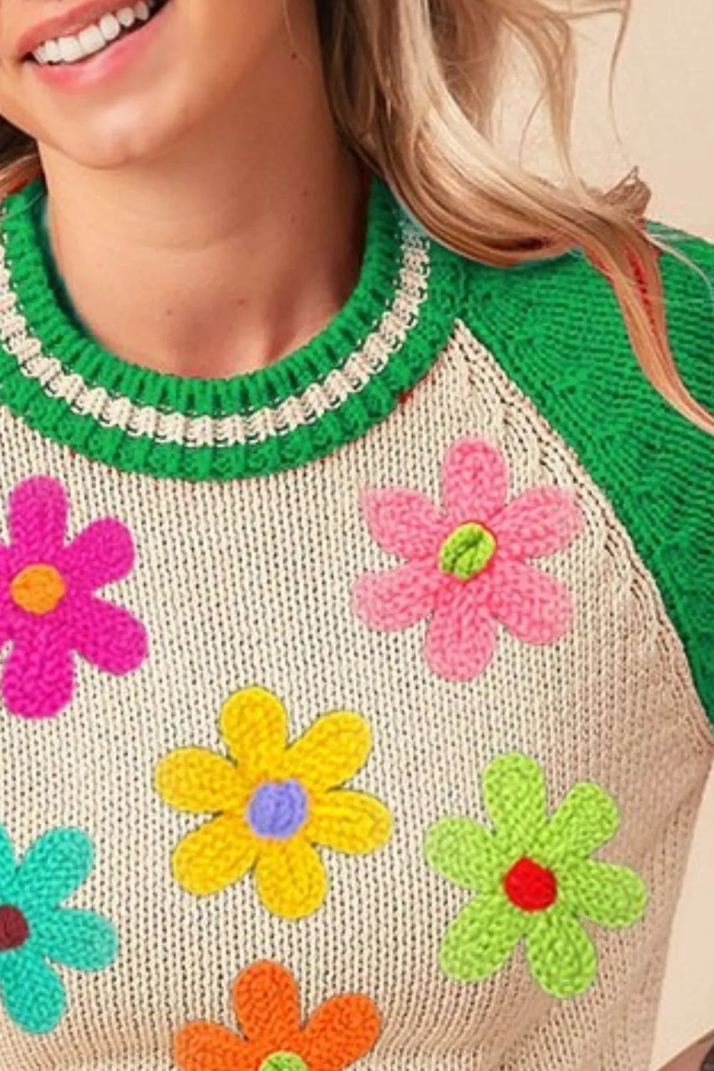 BiBi Crochet Flower Patches Striped Rib Band Sweater - Tops by Trendsi | Available at Handbags Specialist Headquarter