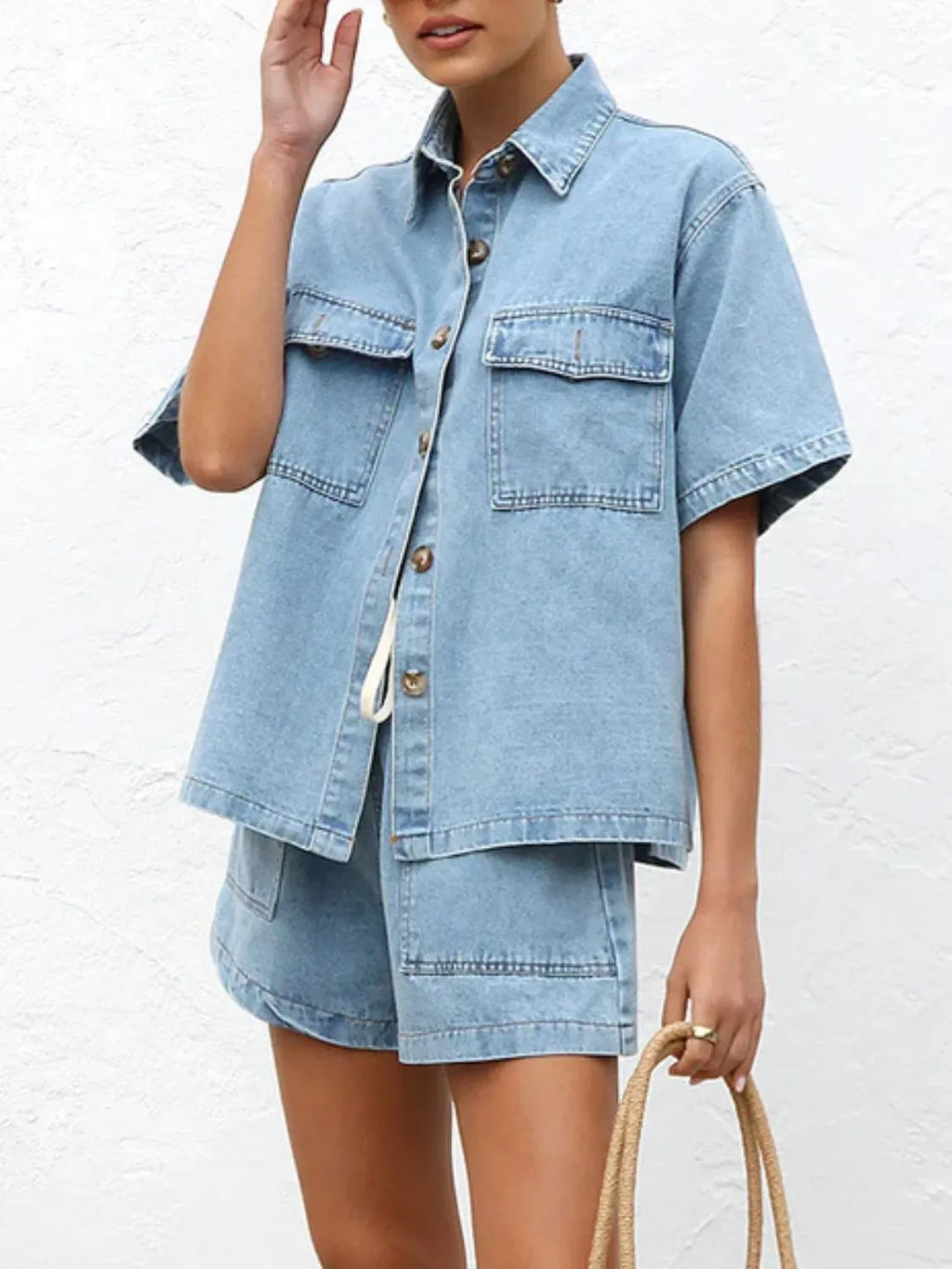 Button Up Short Sleeve Top and Shorts Denim Set - Women / Jeans & Denim by Trendsi | Available at Handbags Specialist Headquarter