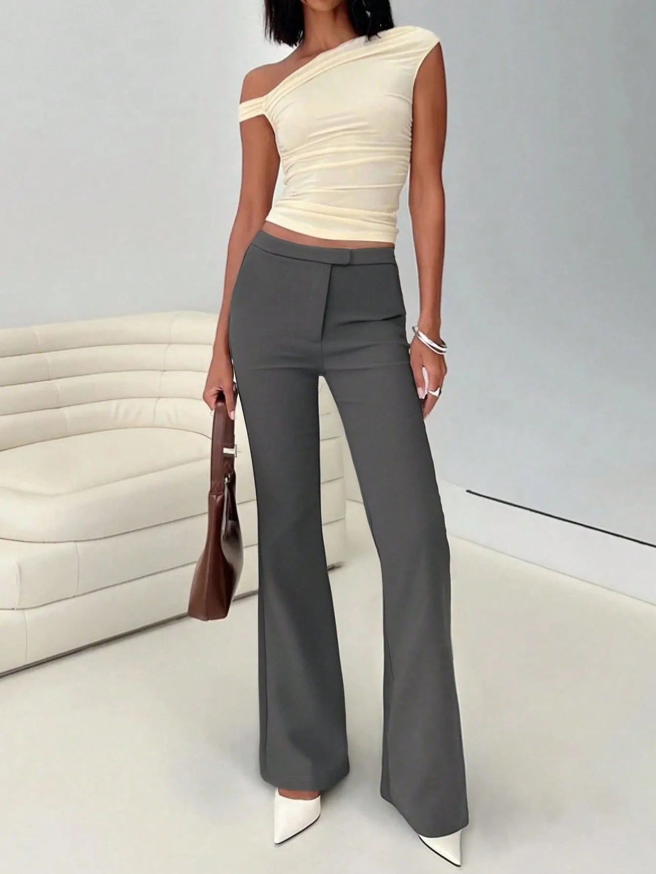 High Waist Flare Leg Trousers - Women Pants by Trendsi | Available at Handbags Specialist Headquarter