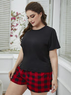 Plus Size Round Neck Tee Shirt and Plaid Shorts Lounge Set - Plus Size Shirts by Trendsi | Available at Handbags Specialist Headquarter