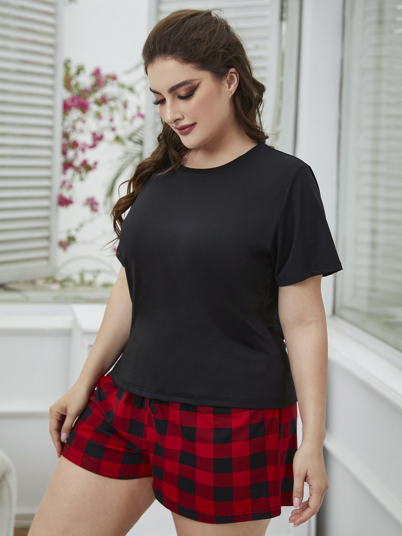 Plus Size Round Neck Tee Shirt and Plaid Shorts Lounge Set - Plus Size Shirts by Trendsi | Available at Handbags Specialist Headquarter