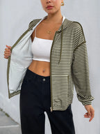 Striped Zip Up Oversized Hoodie - Tops by Trendsi | Available at Handbags Specialist Headquarter