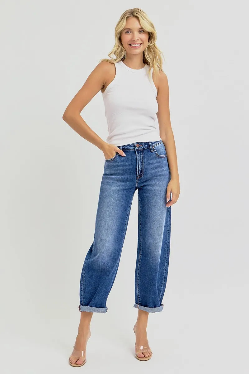 RISEN Full Size High Rise Crop Mild Barrel Jeans Plus Size - Women / Jeans & Denim by Trendsi | Available at Handbags Specialist Headquarter