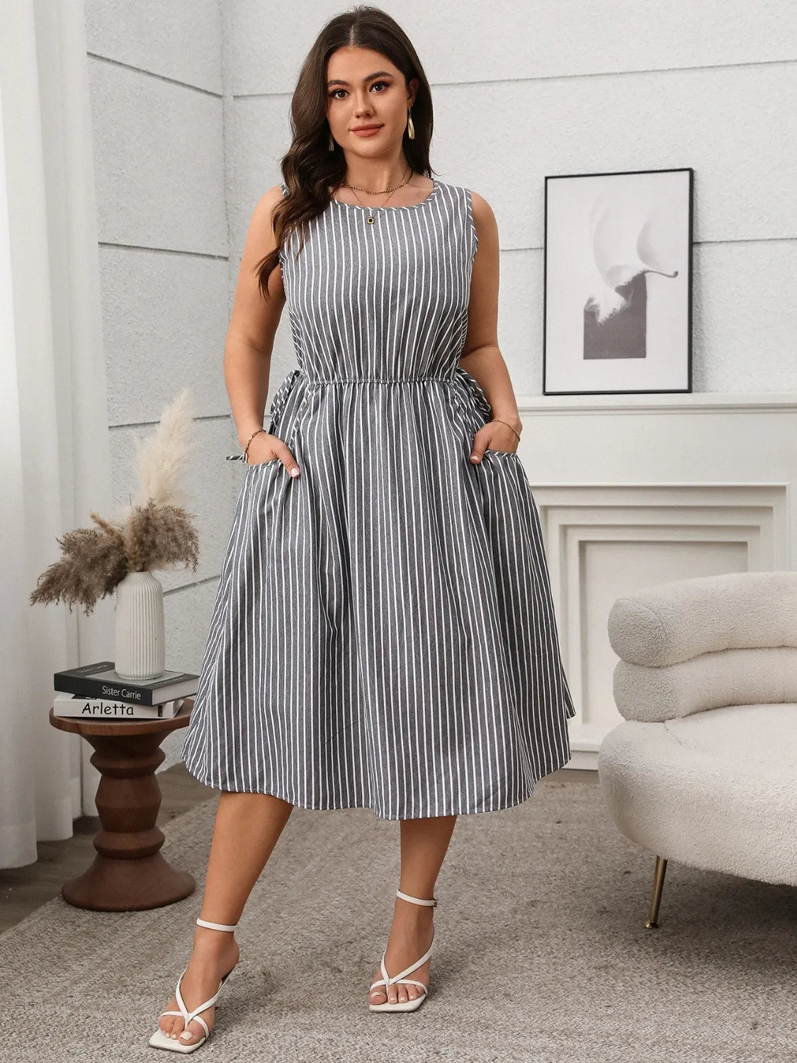 Plus Size Striped Round Neck Sleeveless Dress - Dresses by Trendsi | Available at Handbags Specialist Headquarter