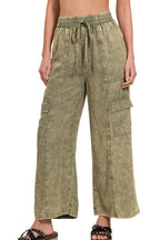 Zenana Washed Linen Elastic Band Waist Cargo Pants - Women Pants by Trendsi | Available at Handbags Specialist Headquarter