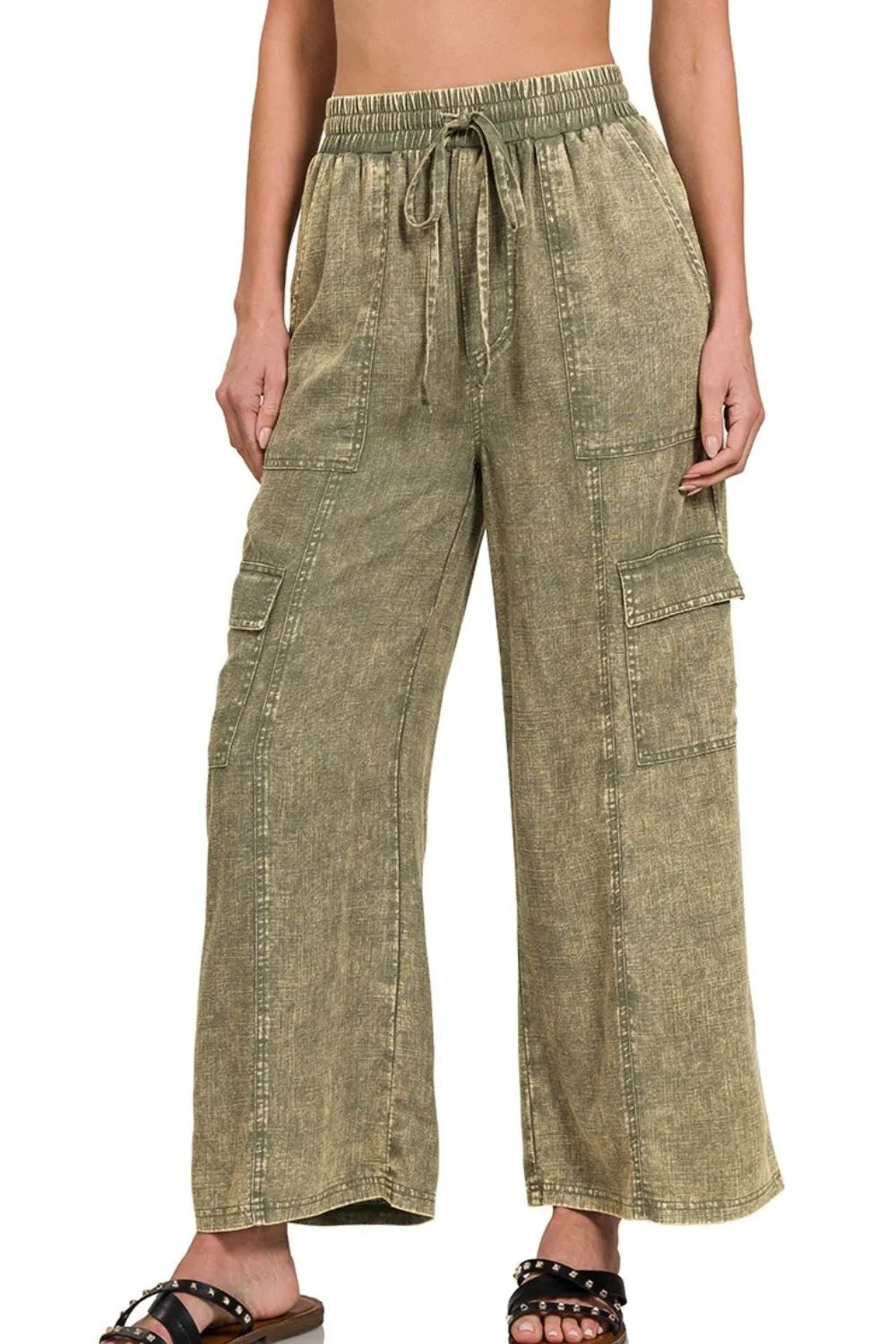 Zenana Washed Linen Elastic Band Waist Cargo Pants - Women Pants by Trendsi | Available at Handbags Specialist Headquarter