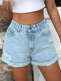 High-Waisted Distressed Denim Shorts - Women / Jeans & Denim by Trendsi | Available at Handbags Specialist Headquarter
