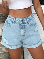 High-Waisted Distressed Denim Shorts - Women / Jeans & Denim by Trendsi | Available at Handbags Specialist Headquarter