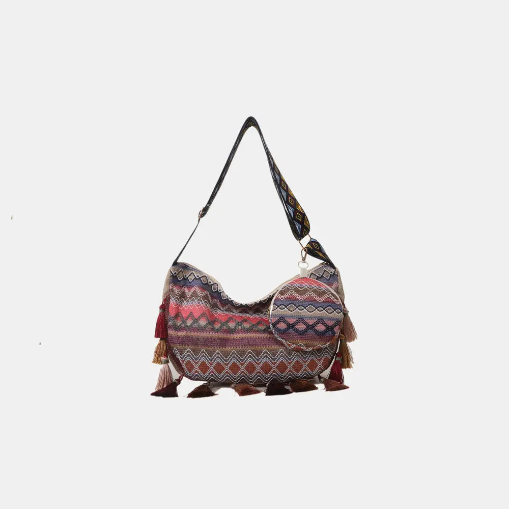 Printed Tassel Detail Crossbody Bag with Small Purse - Handbags by Trendsi | Available at Handbags Specialist Headquarter