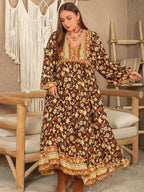 Plus Size Printed V-Neck Balloon Sleeve Dress - Dresses by Trendsi | Available at Handbags Specialist Headquarter