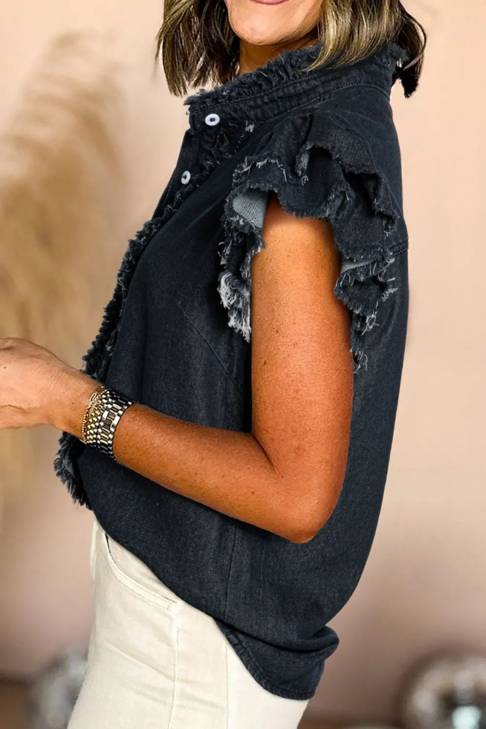 Button Down Raw Hem Ruffled Denim Shirt - Women / Jeans & Denim by Trendsi | Available at Handbags Specialist Headquarter