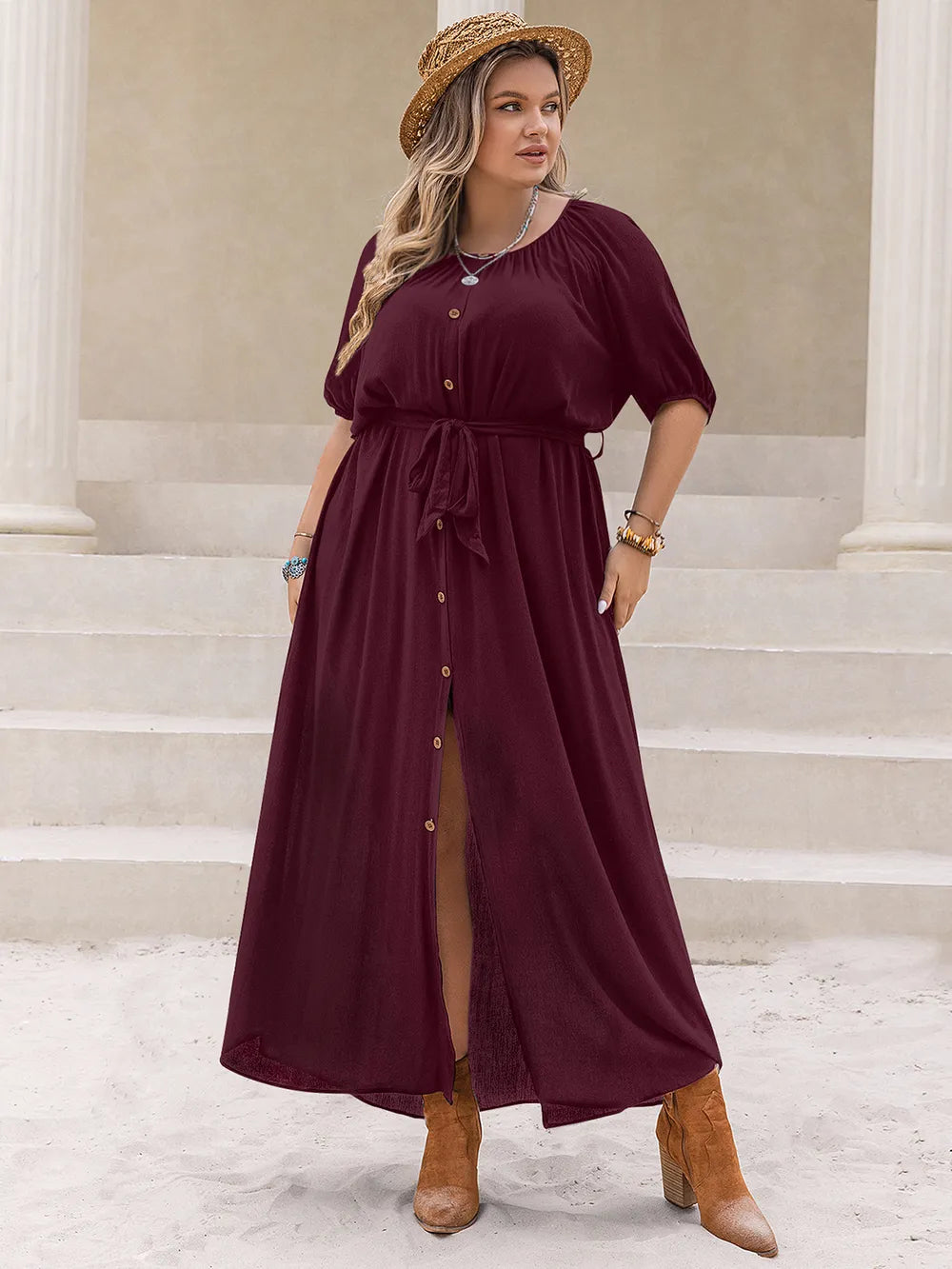 Plus Size Round Neck Half Sleeve Dress - Dresses by Trendsi | Available at Handbags Specialist Headquarter