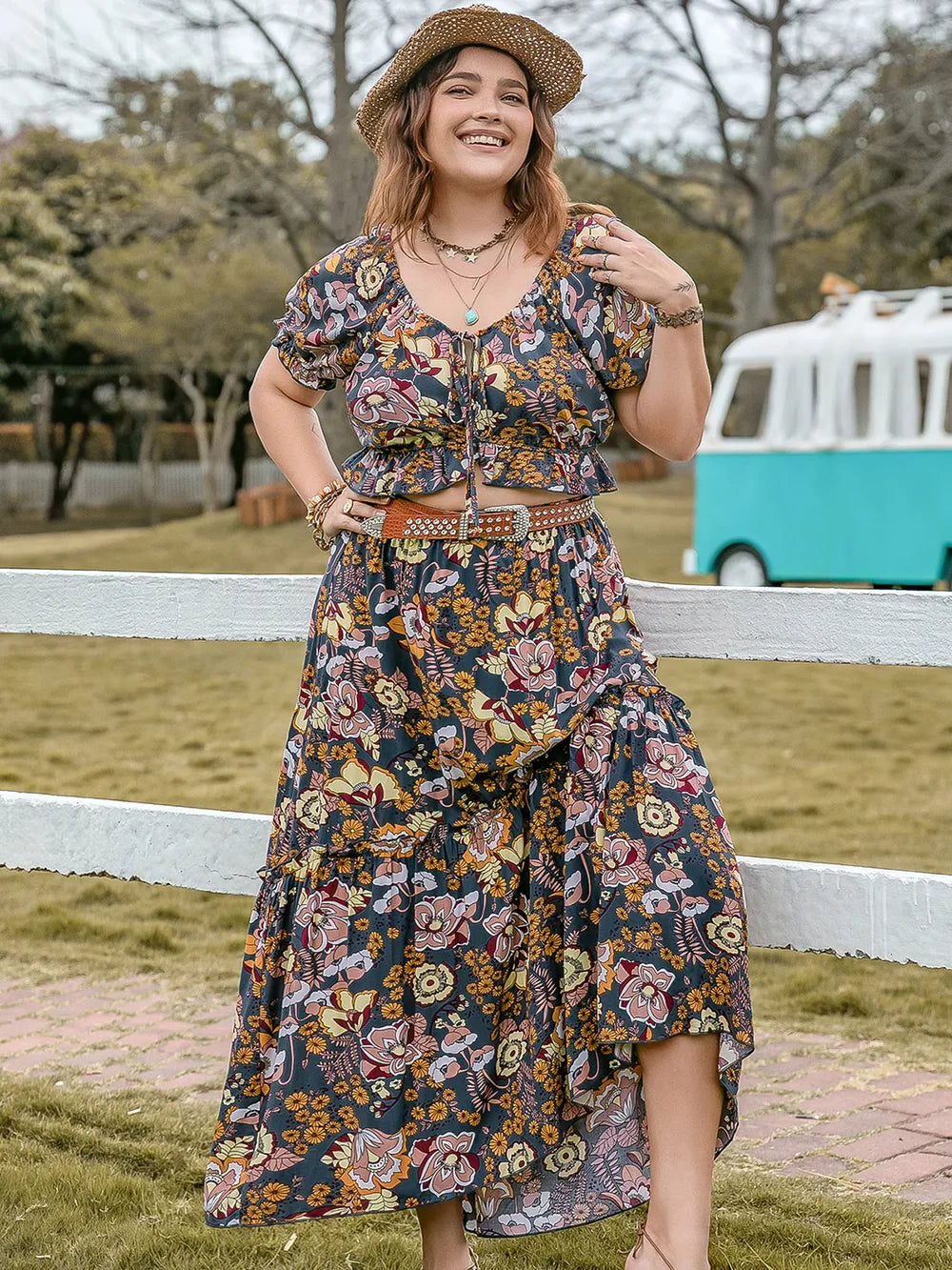 Plus Size Tie Neck Short Sleeve Top and Skirt Set -  by Trendsi | Available at Handbags Specialist Headquarter