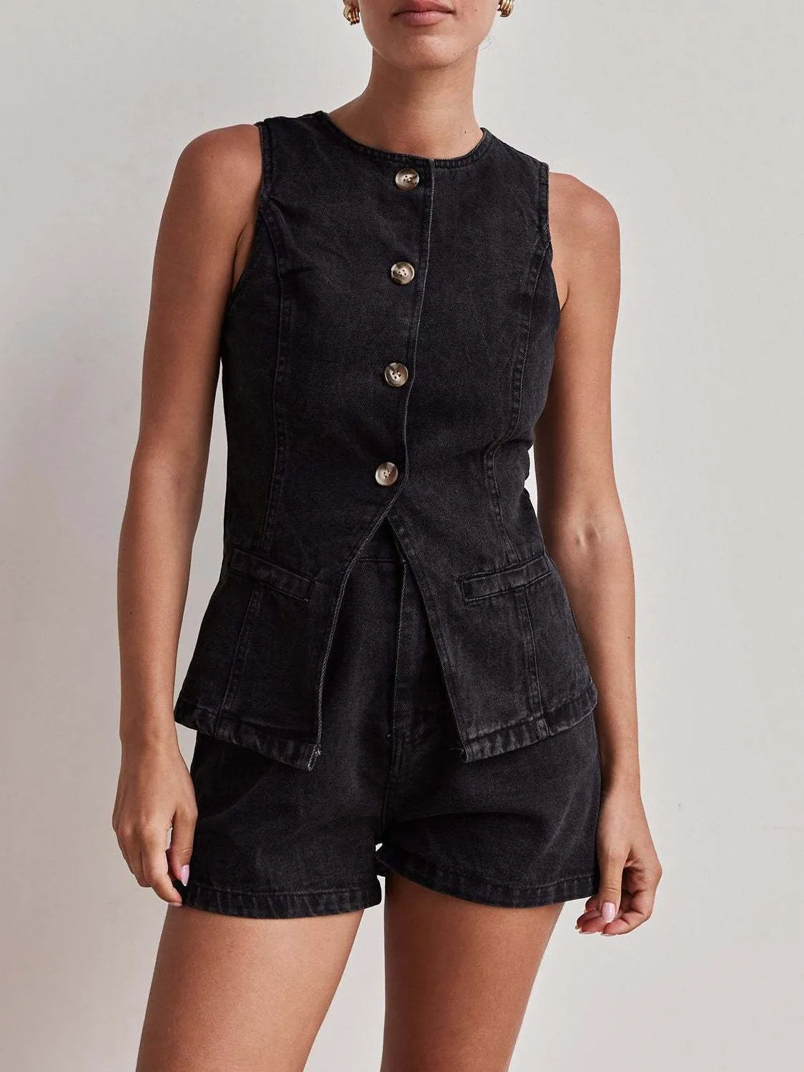 Button Down Vest and Shorts Denim Set - Women / Jeans & Denim by Trendsi | Available at Handbags Specialist Headquarter