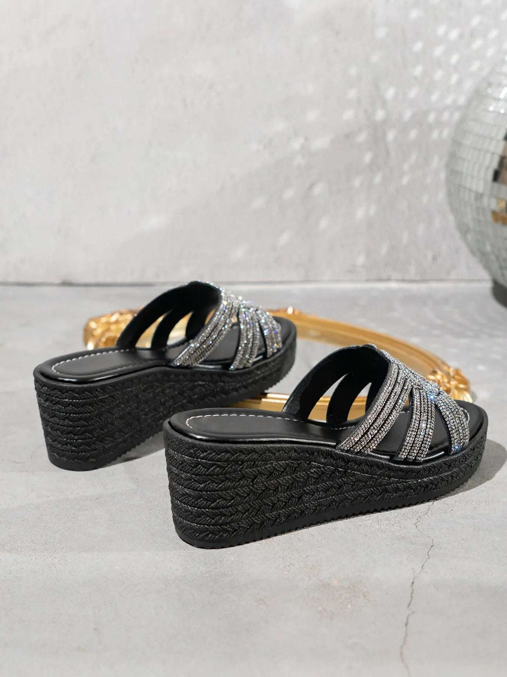 Rhinestone Embellished Open Toe Wedge Sandals - Women Sandals by Trendsi | Available at Handbags Specialist Headquarter