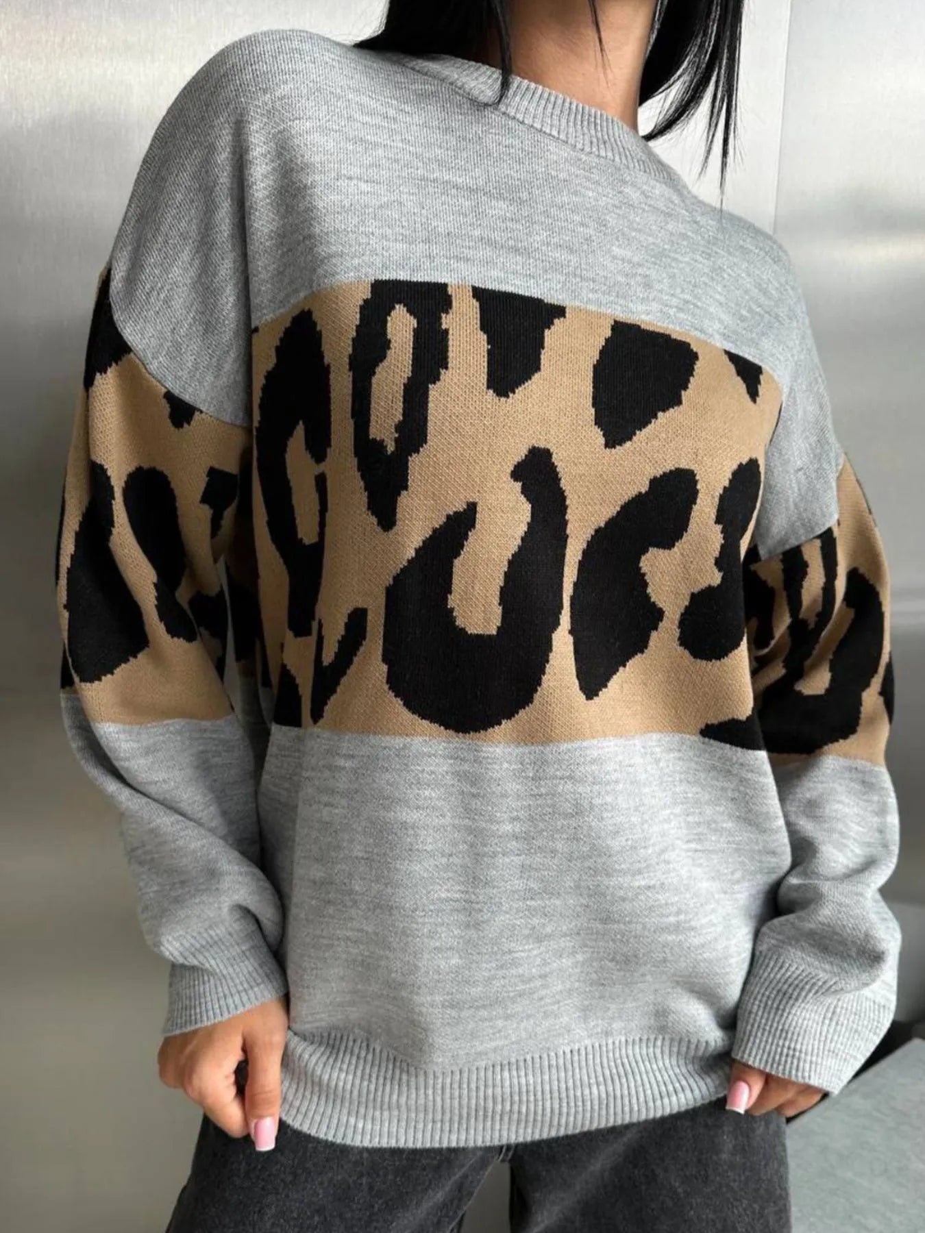 Leopard Color Block Round Neck Sweater - Tops by Trendsi | Available at Handbags Specialist Headquarter