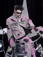 Men's Plus Size Graffiti Washed Button Up Denim Jacket - Men's jackets by Trendsi | Available at Handbags Specialist Headquarter