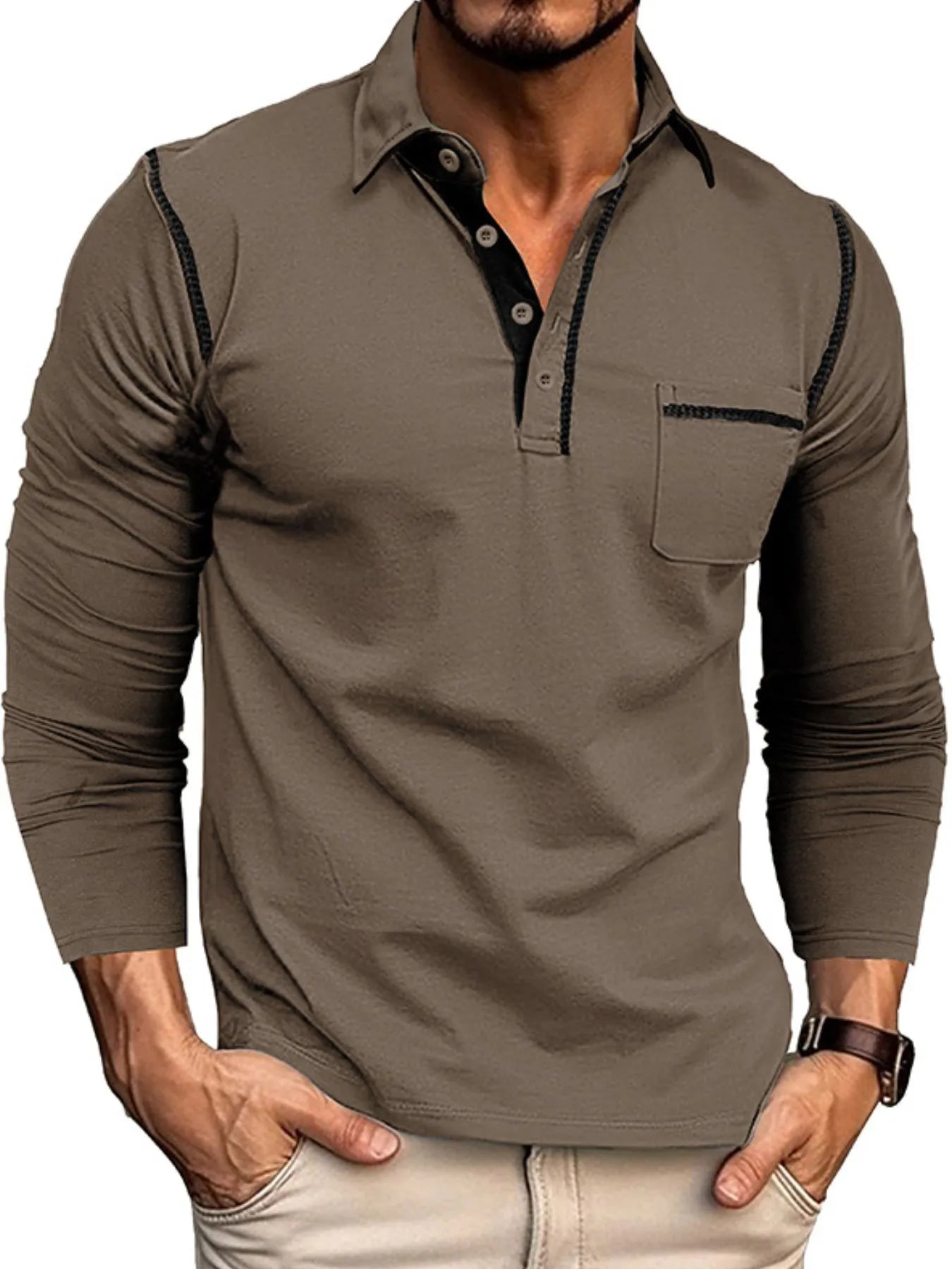 Men's Long Sleeve Polo Shirt with Contrast Stitching - Men's Polo shirt by Trendsi | Available at Handbags Specialist Headquarter
