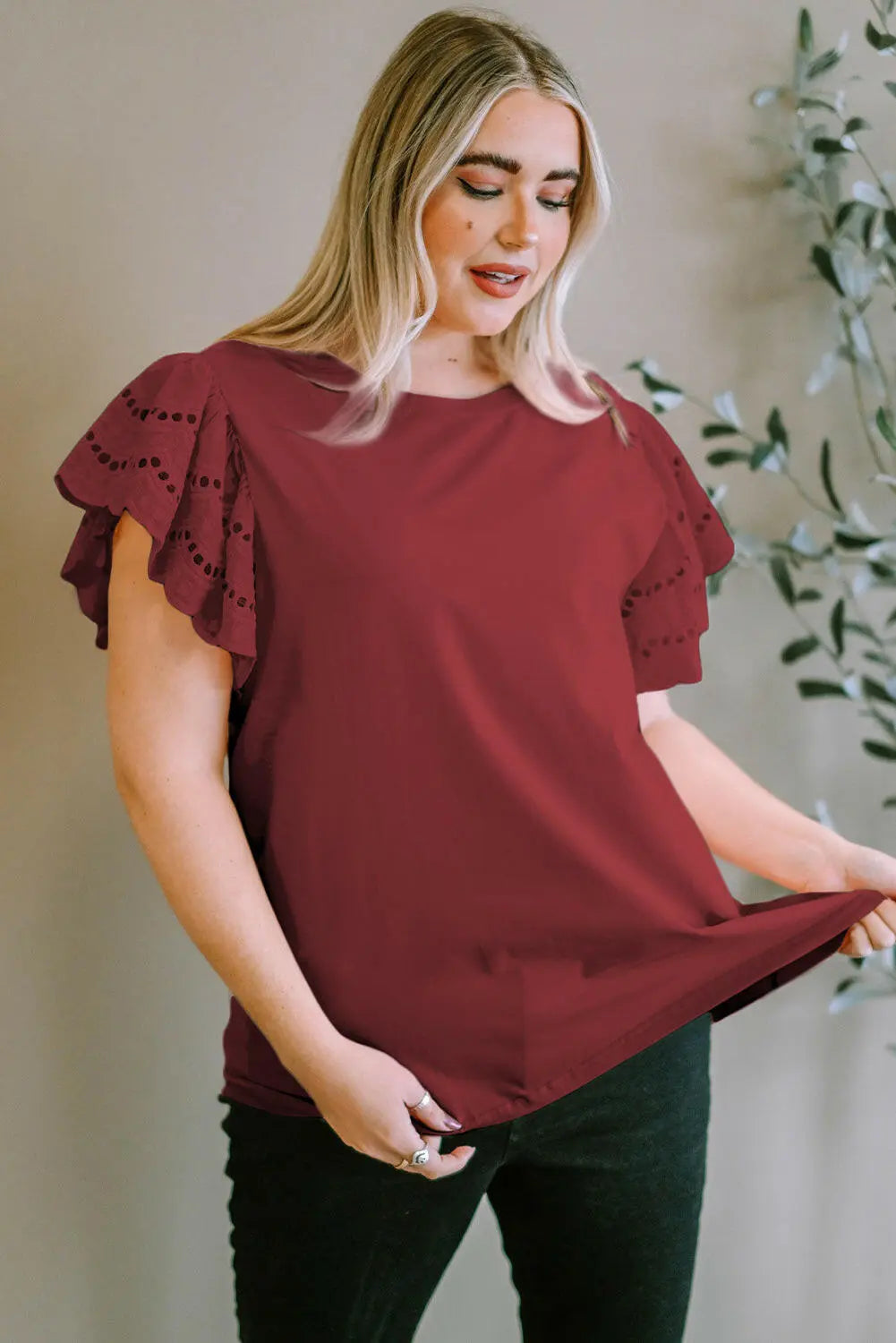 Plus Size Eyelet Round Neck Short Sleeve Blouse - Women Plus Size by Trendsi | Available at Handbags Specialist Headquarter