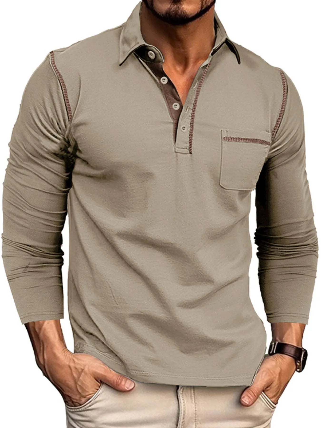 Men's Long Sleeve Polo Shirt with Contrast Stitching - Men's Polo shirt by Trendsi | Available at Handbags Specialist Headquarter