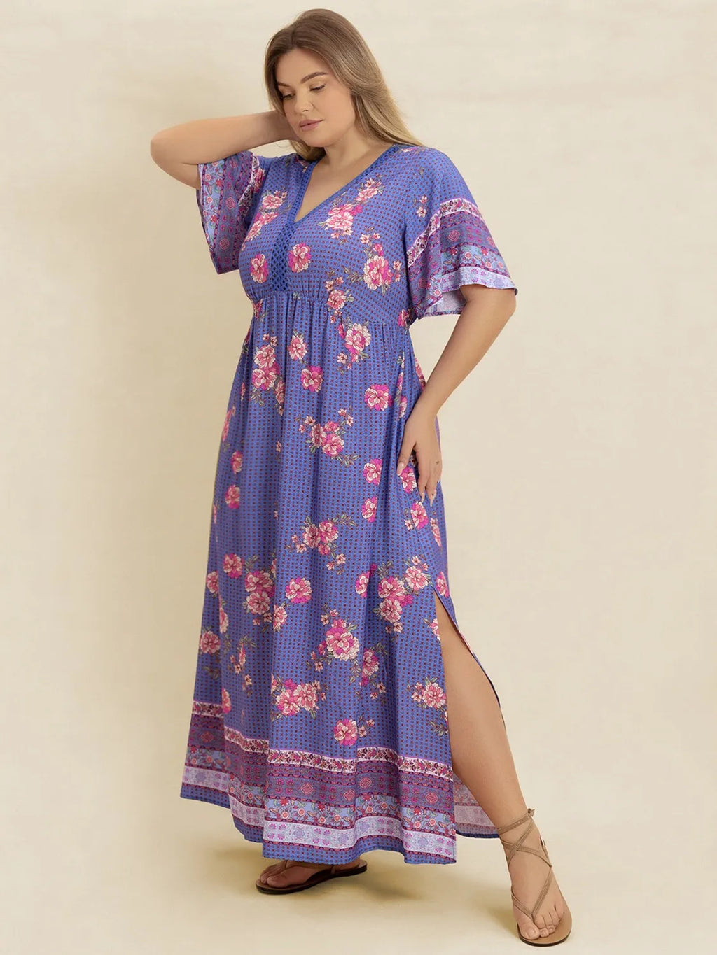 Plus Size Printed V-Neck Flutter Sleeve Dress - Dresses by Trendsi | Available at Handbags Specialist Headquarter