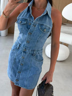 Button Front Sleeveless Denim Mini Dress - Women / Jeans & Denim by Trendsi | Available at Handbags Specialist Headquarter