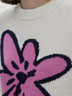 Flower Ribbed Hem Round Neck Sweater - Tops by Trendsi | Available at Handbags Specialist Headquarter