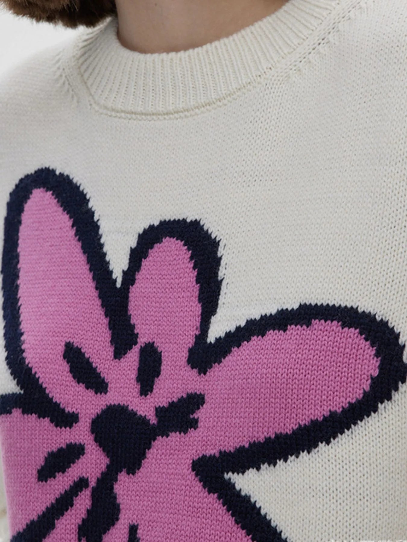 Flower Ribbed Hem Round Neck Sweater - Tops by Trendsi | Available at Handbags Specialist Headquarter